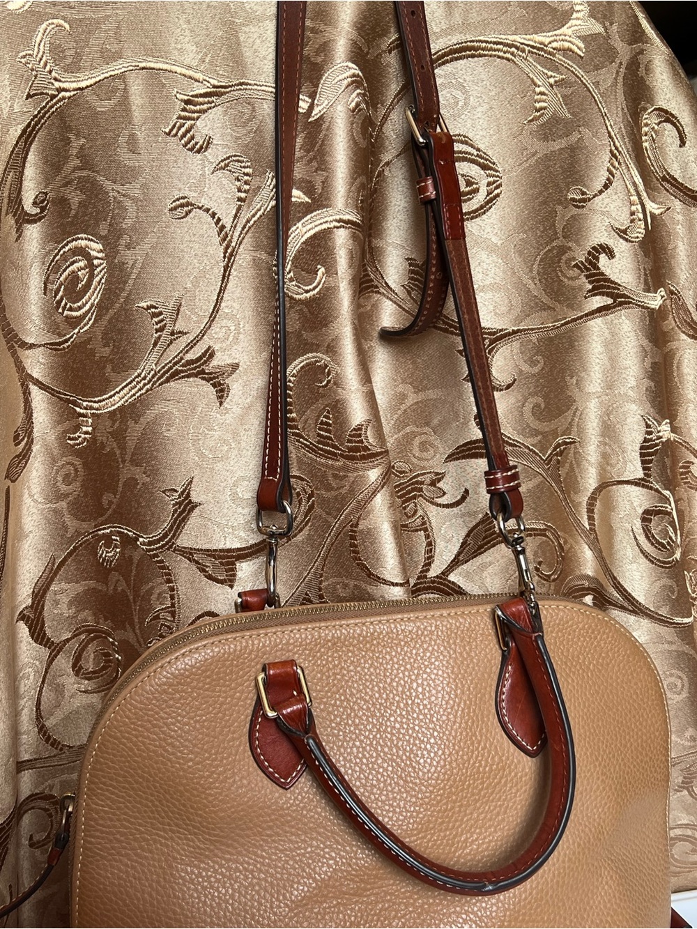 Dooney & Bourke Tan Pebble Leather Satchel crossbody with Brown Trim long strap - Picture 13 of 16